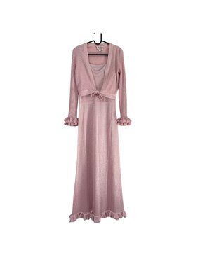 VTG Banff LTD Gianni Ferri Pink Metallic Women 8 Ruffle Trim Maxi Dress 2 PC Set